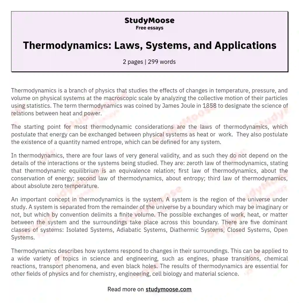 Thermodynamics: Laws, Systems, and Applications essay