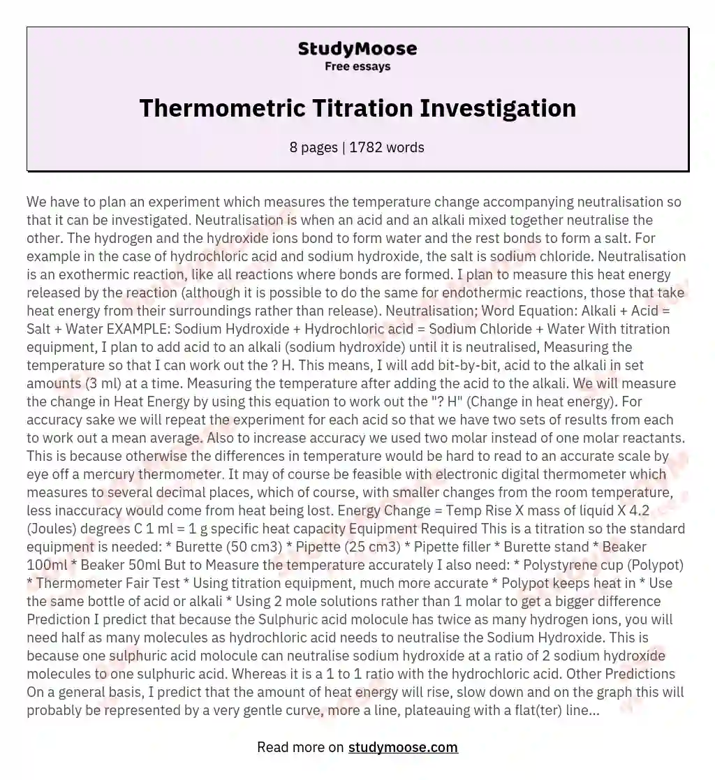 Thermometric Titration Investigation essay