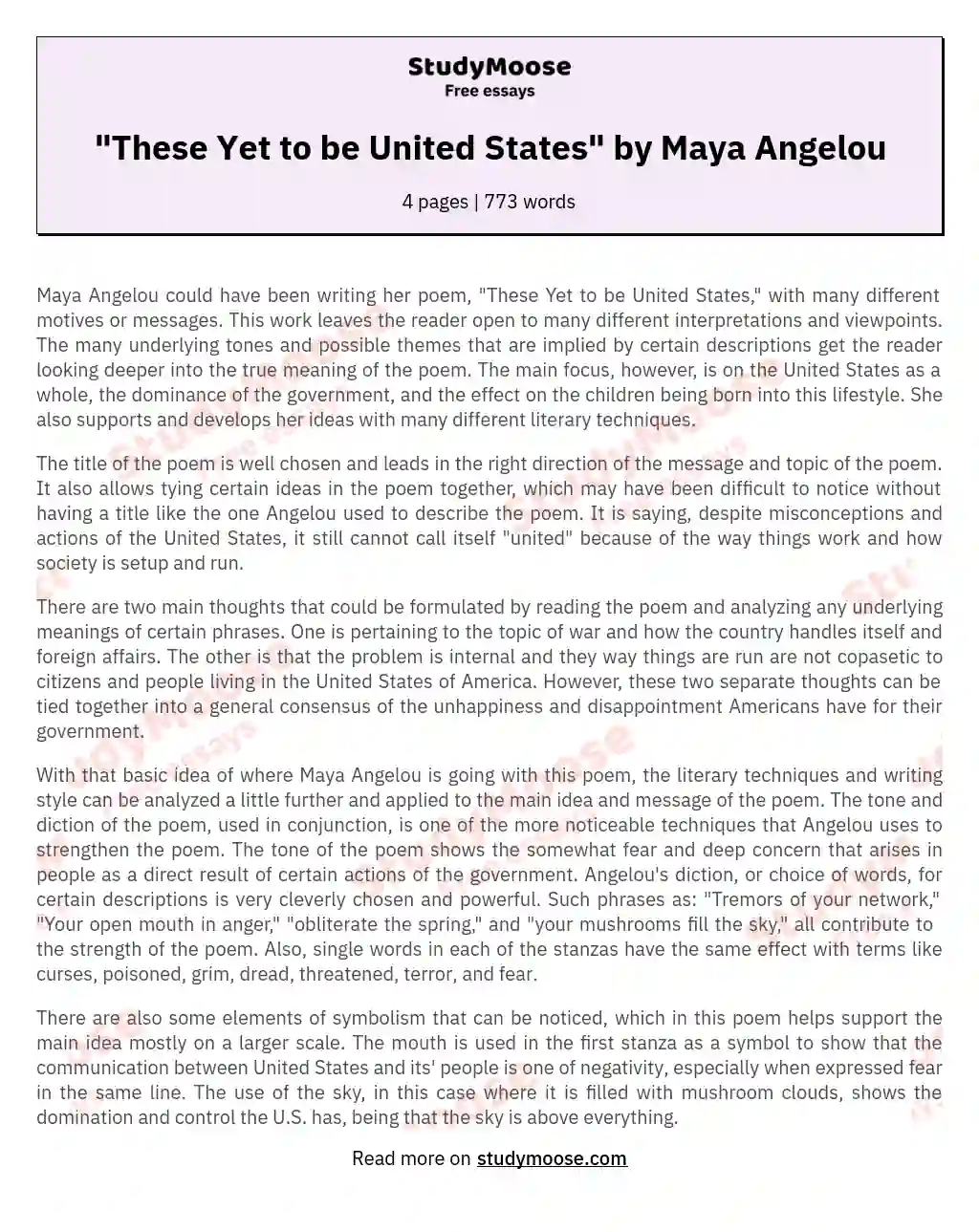 "These Yet to be United States" by Maya Angelou essay