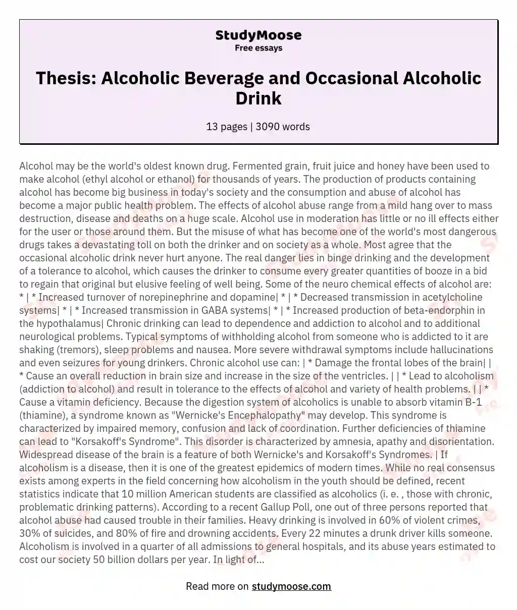 Thesis: Alcoholic Beverage and Occasional Alcoholic Drink essay