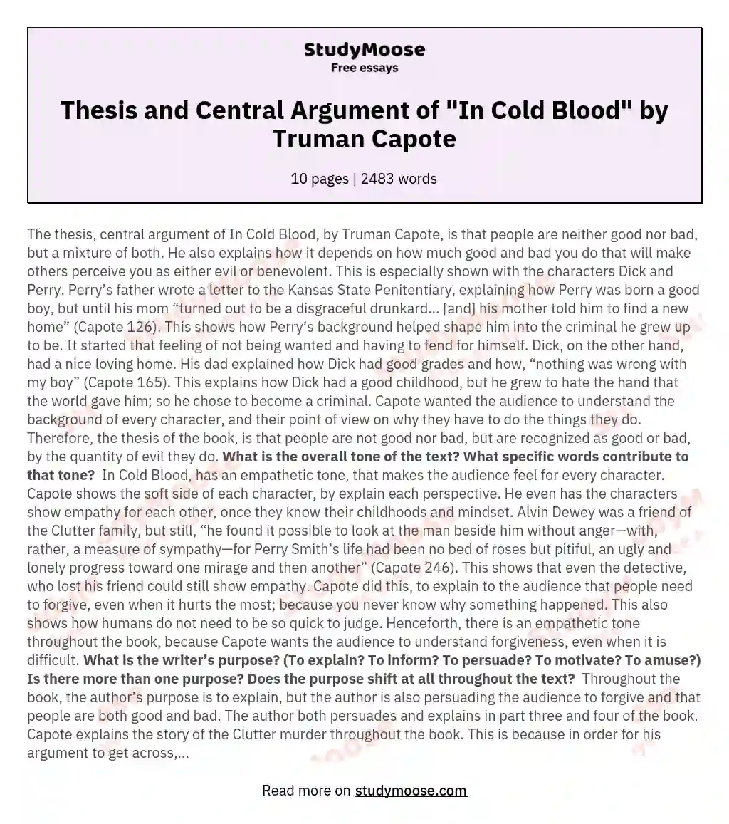 Thesis and Central Argument of "In Cold Blood" by Truman Capote essay
