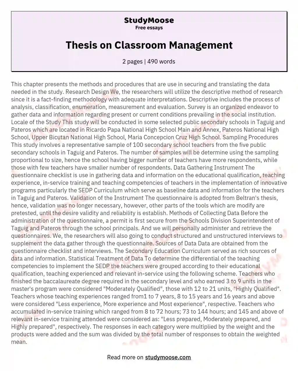 Thesis on Classroom Management essay