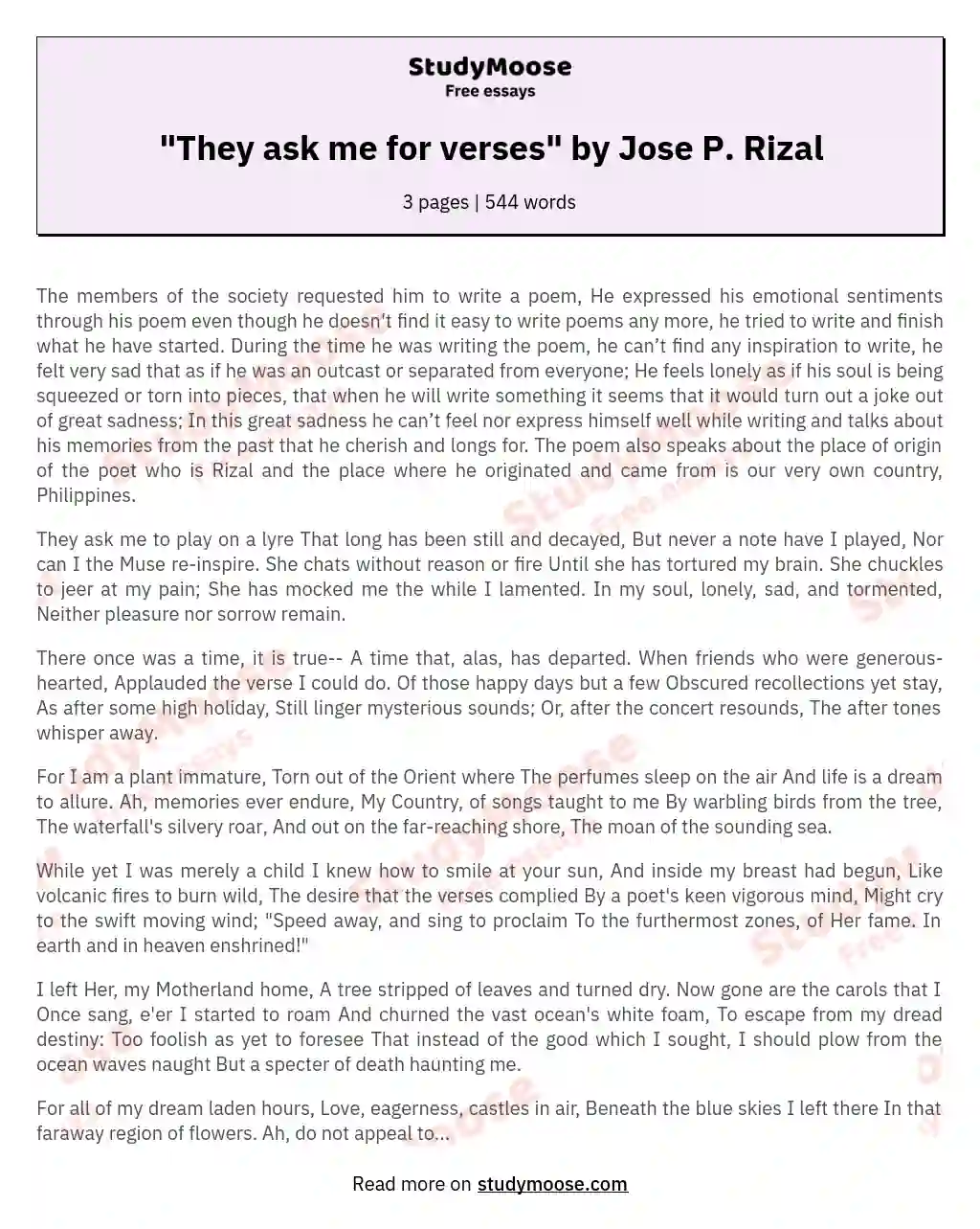 "They ask me for verses" by Jose P. Rizal essay
