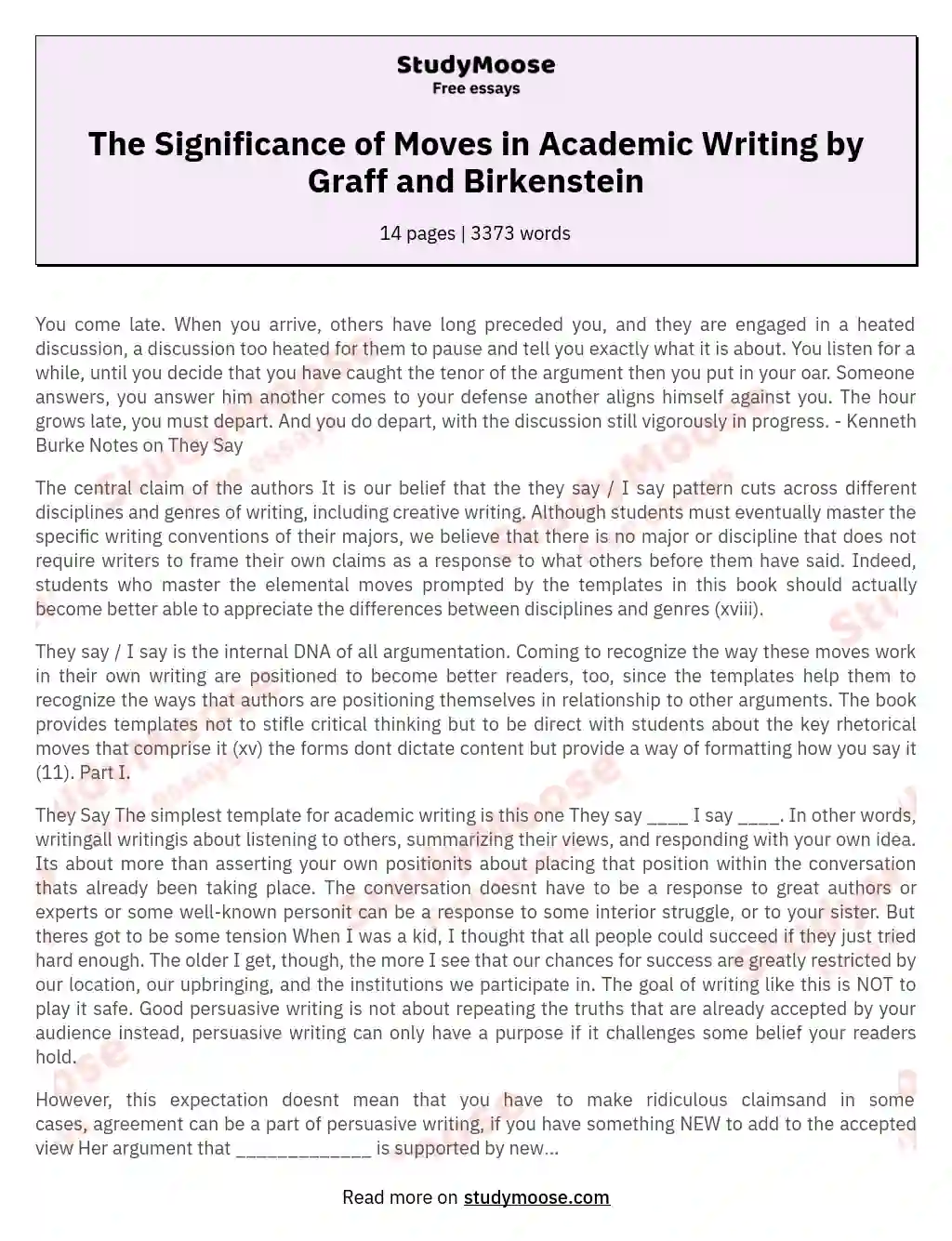 The Significance of Moves in Academic Writing by Graff and Birkenstein essay
