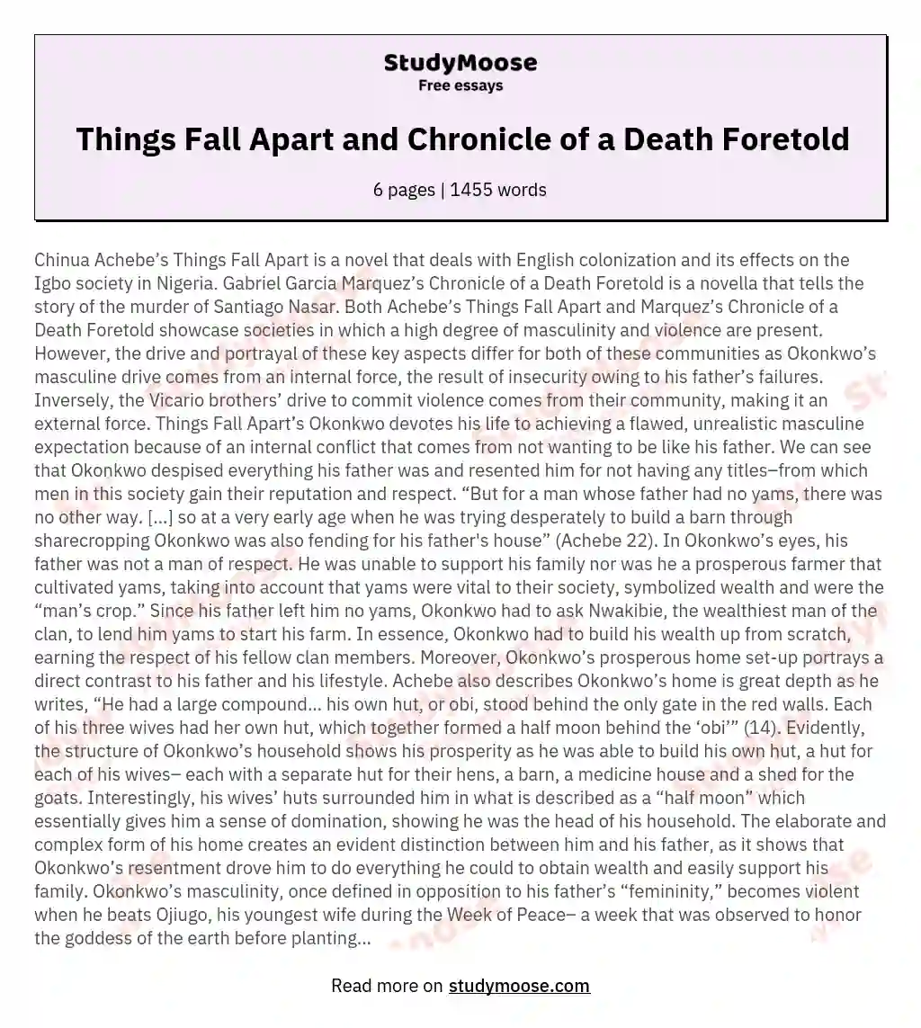 Things Fall Apart and Chronicle of a Death Foretold essay