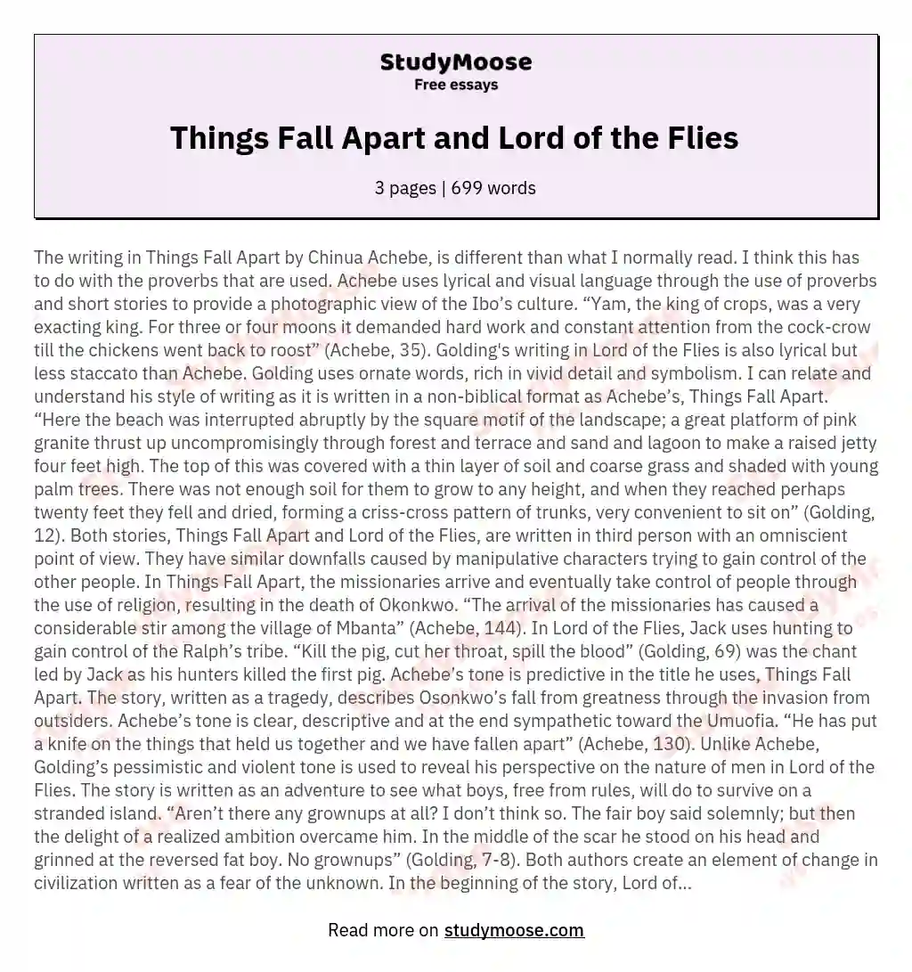Things Fall Apart and Lord of the Flies  essay