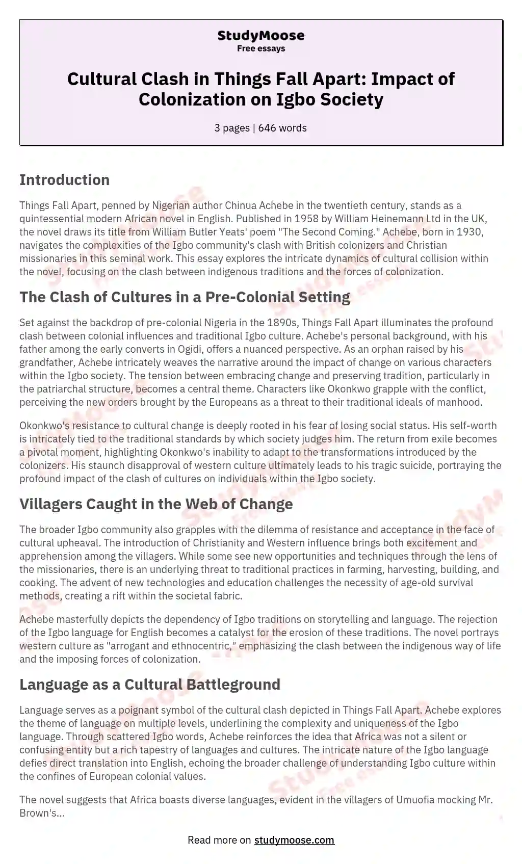 Cultural Clash in Things Fall Apart: Impact of Colonization on Igbo Society essay