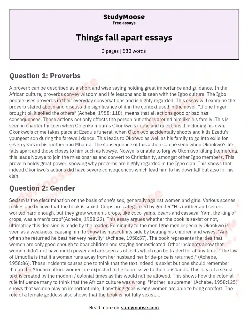 things fall apart essay questions and answers