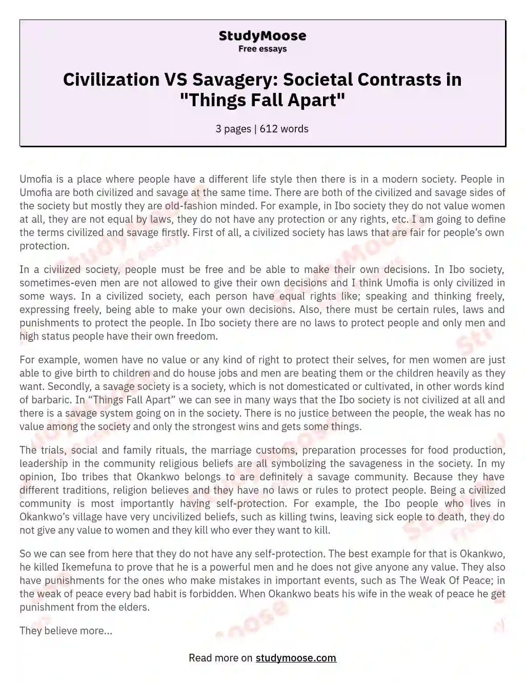 Civilization VS Savagery: Societal Contrasts in "Things Fall Apart" essay