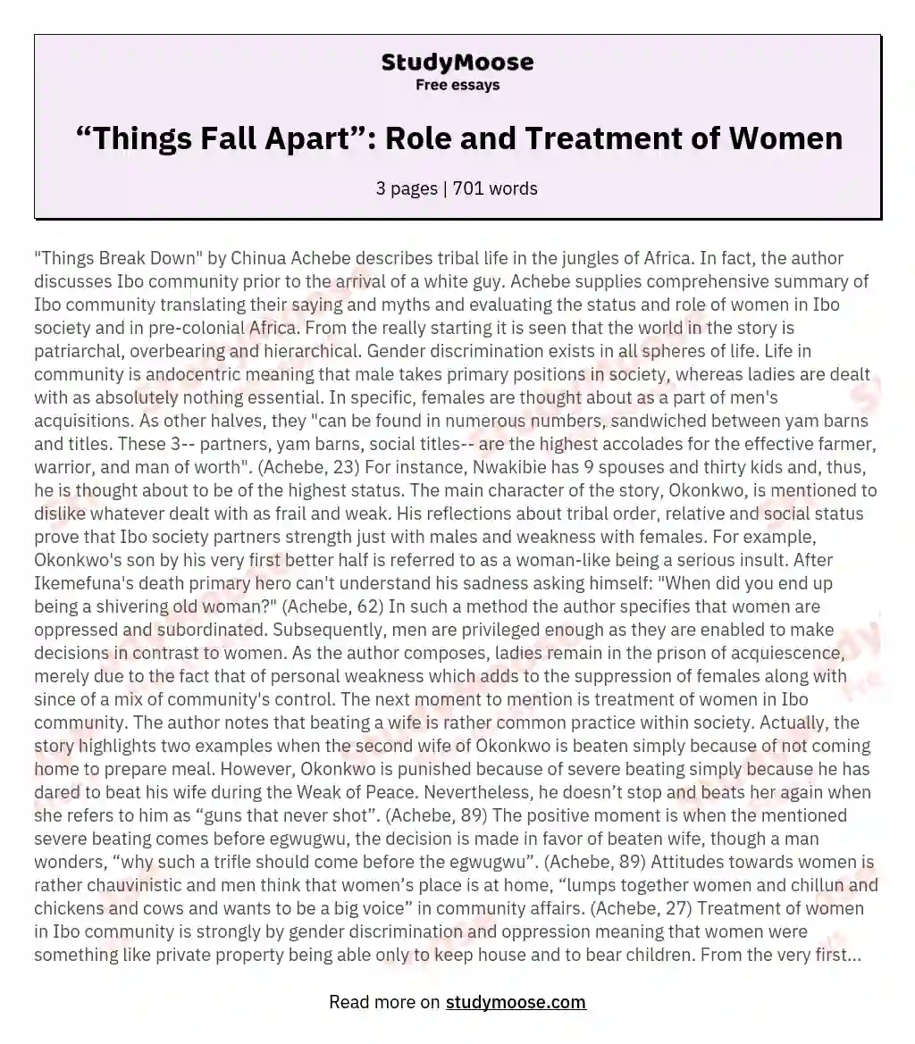“Things Fall Apart”: Role and Treatment of Women