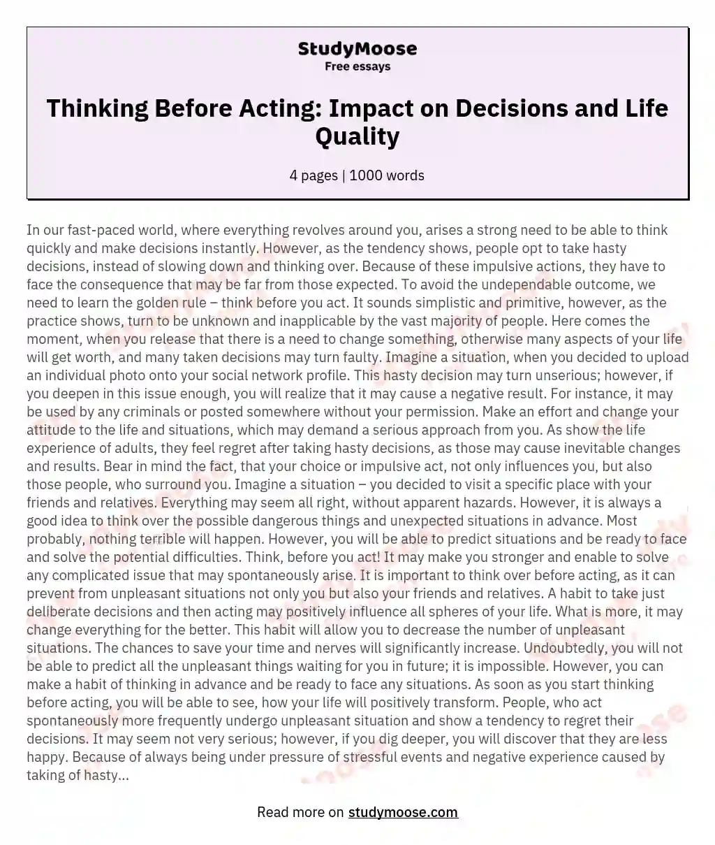 Thinking Before Acting: Impact on Decisions and Life Quality essay