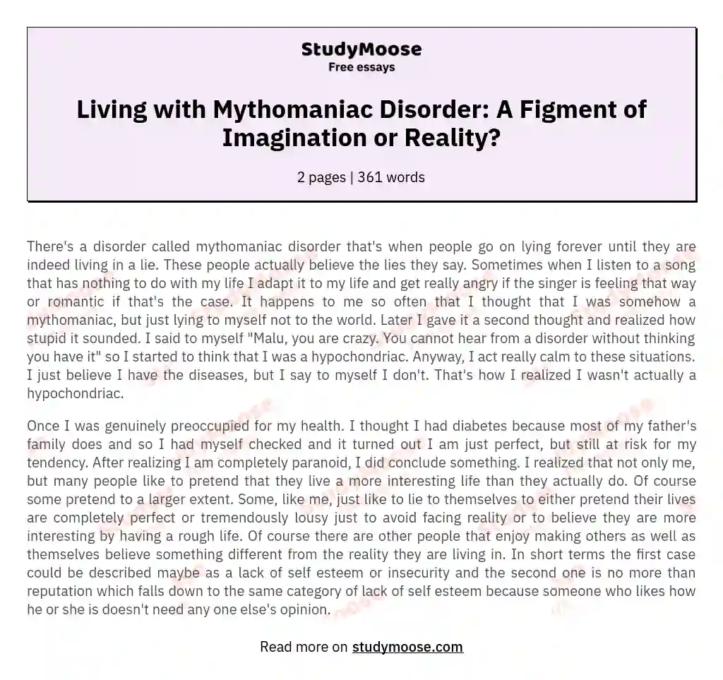 Living with Mythomaniac Disorder: A Figment of Imagination or Reality? essay