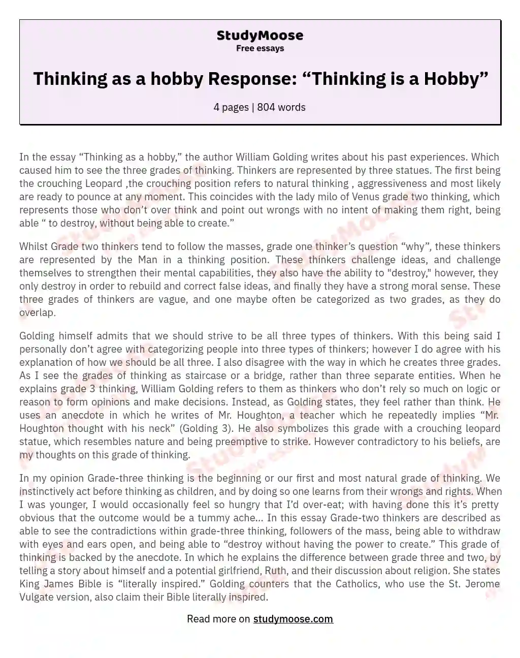 Thinking as a hobby Response: “Thinking is a Hobby” essay