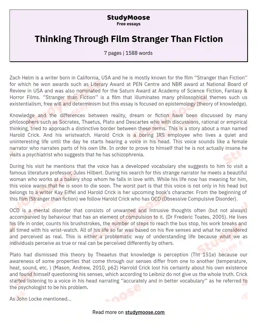 Thinking Through Film Stranger Than Fiction essay