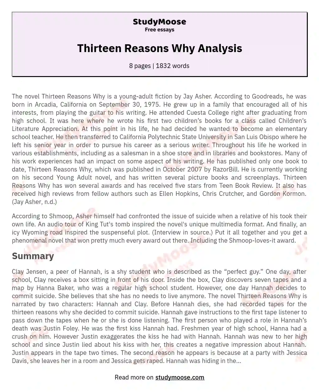 Thirteen Reasons Why Analysis essay