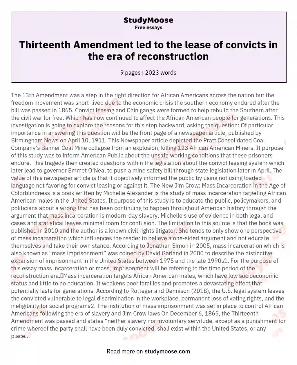 Thirteenth Amendment led to the lease of convicts in the era of reconstruction essay