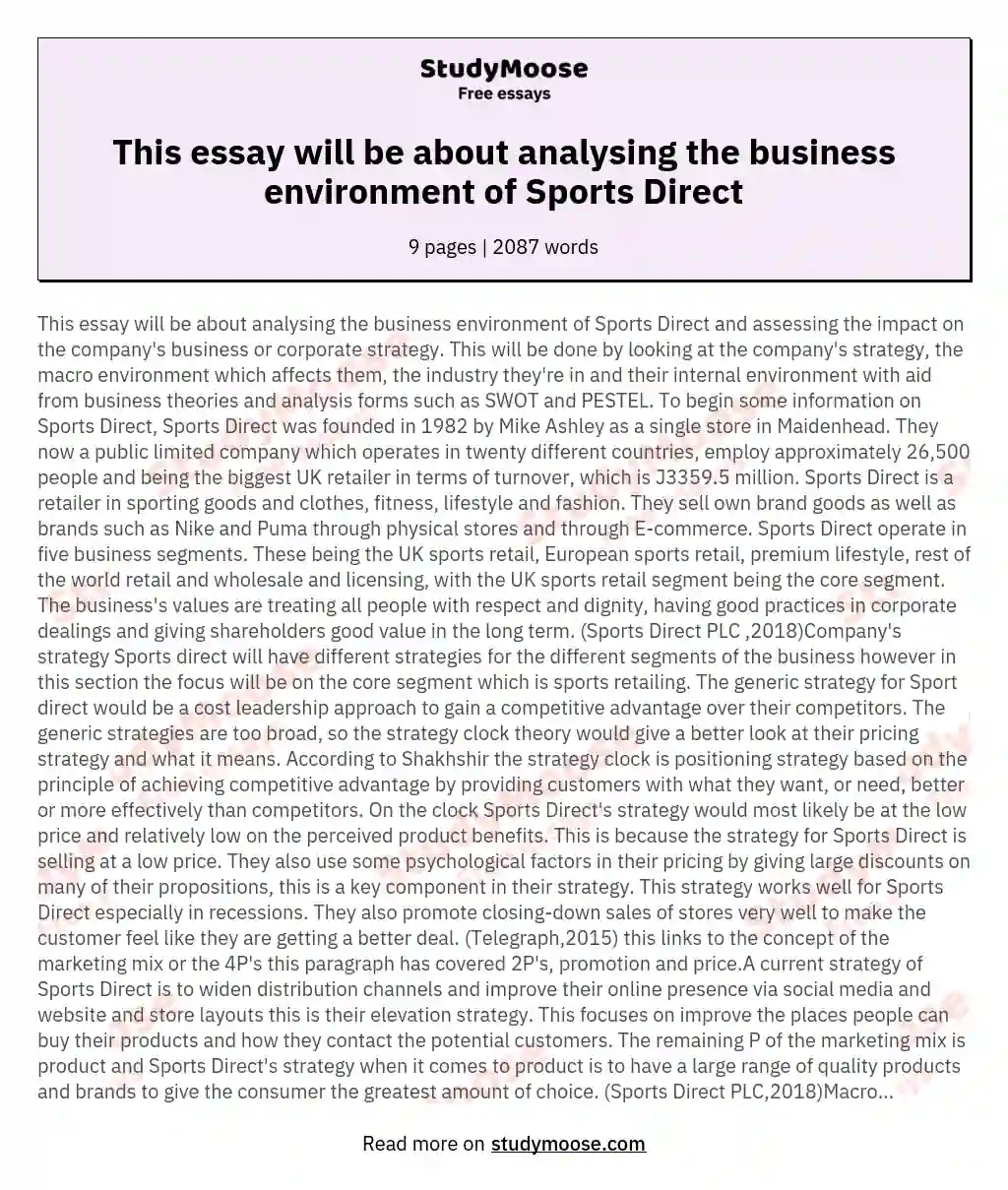 This essay will be about analysing the business environment of Sports Direct essay