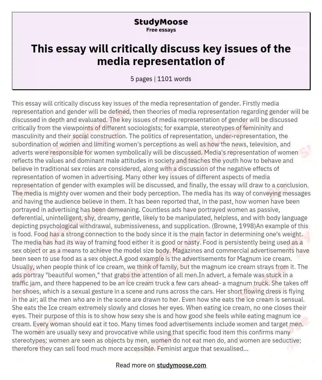 This essay will critically discuss key issues of the media representation of essay