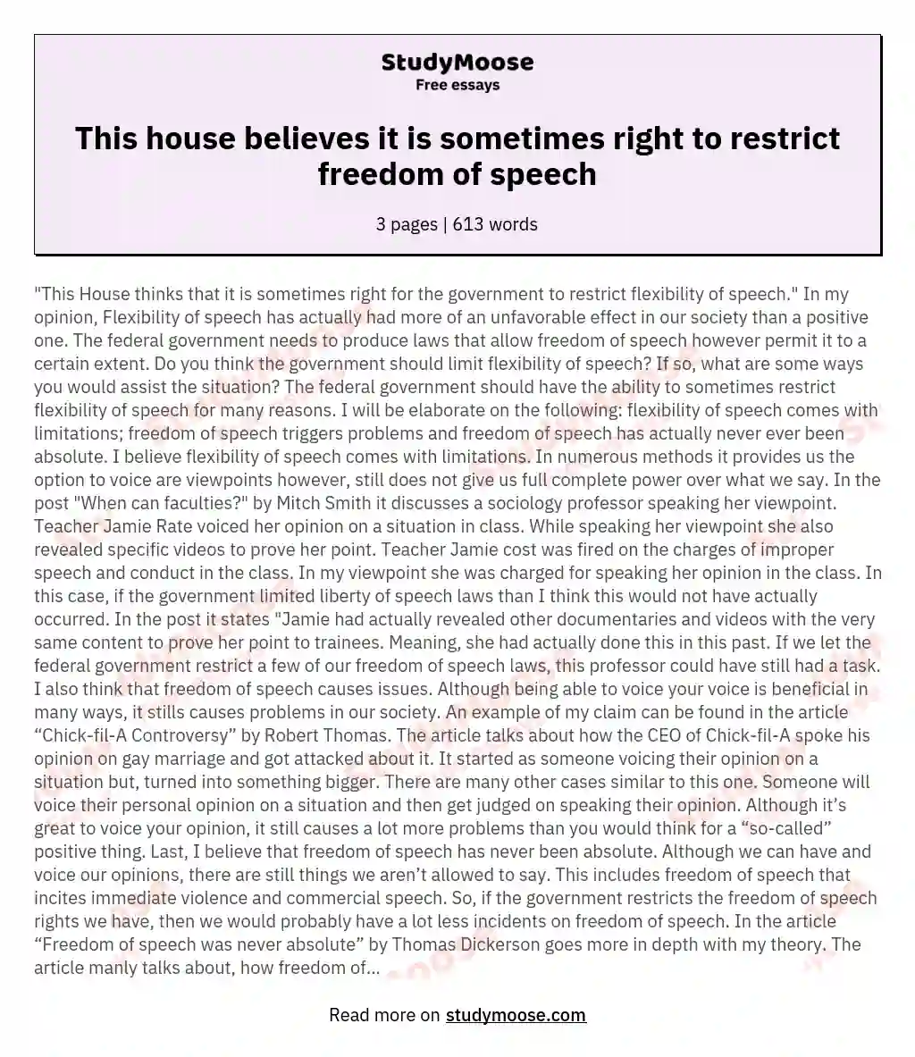 This house believes it is sometimes right to restrict freedom of speech essay