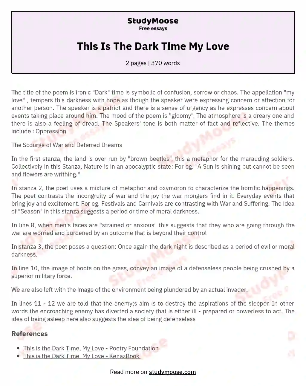 This Is The Dark Time My Love essay