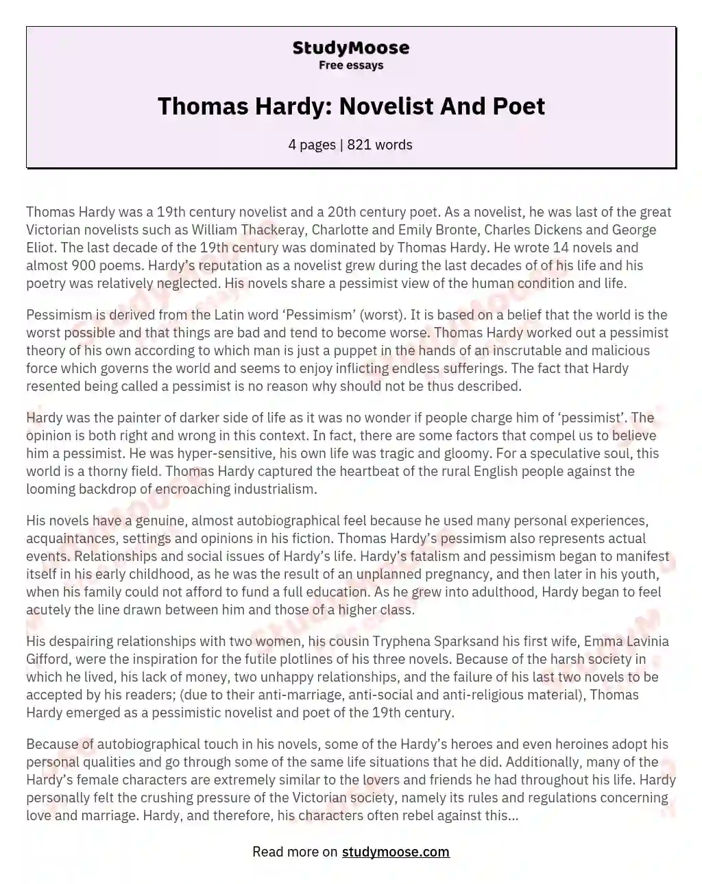 Thomas Hardy: Novelist And Poet
