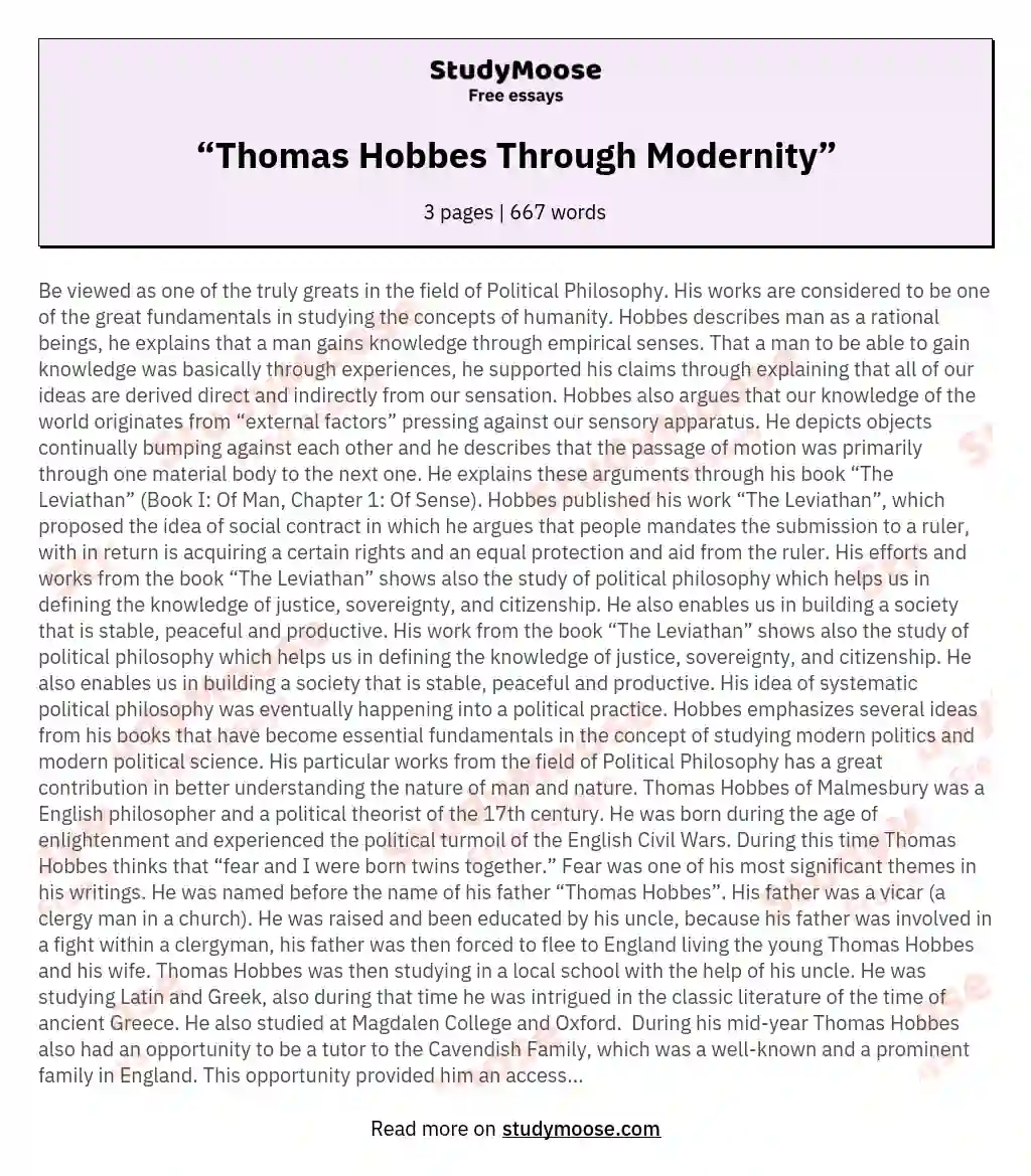 “Thomas Hobbes Through Modernity” essay