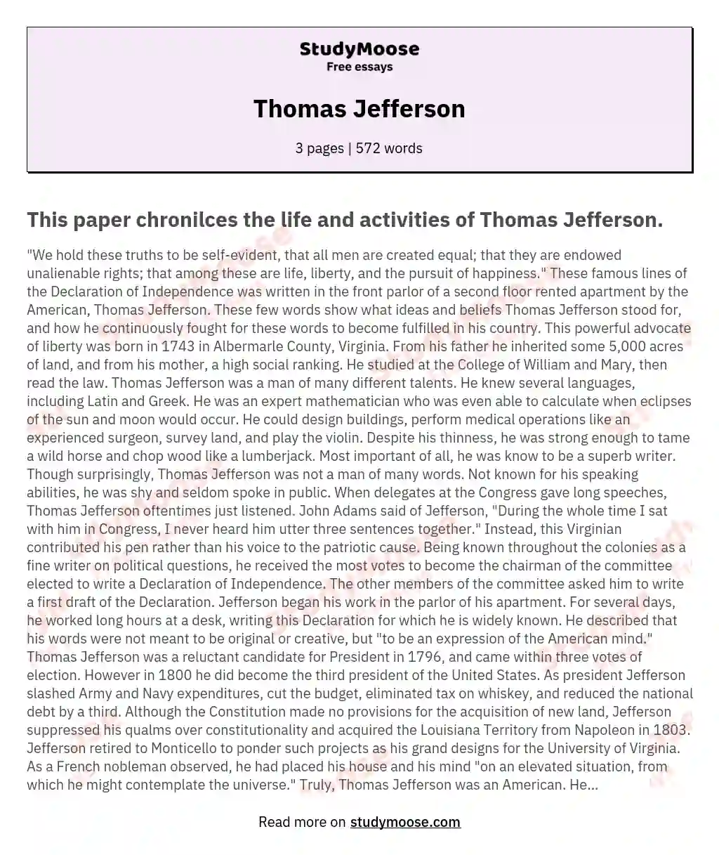 thomas jefferson secondary essays