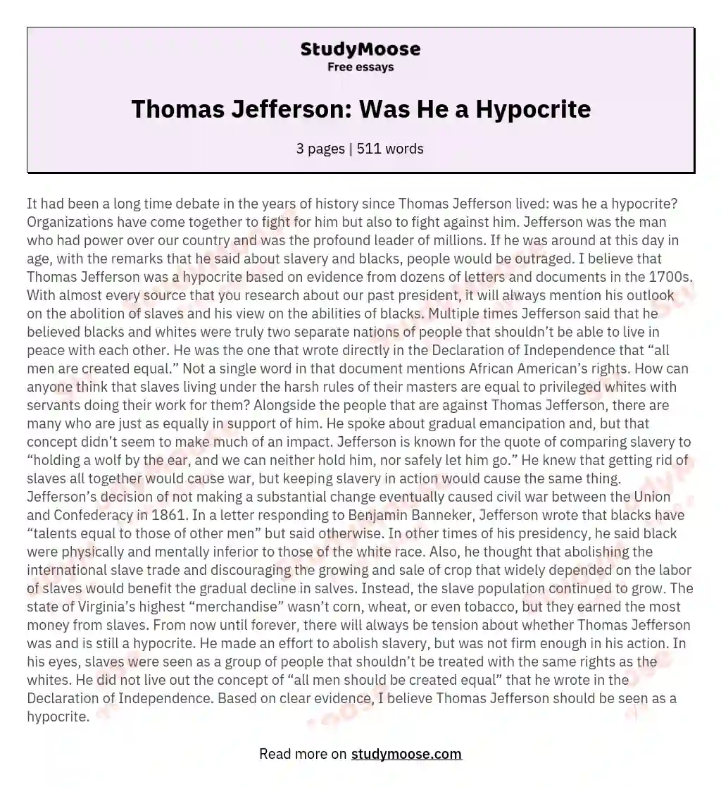 Thomas Jefferson: Was He a Hypocrite essay