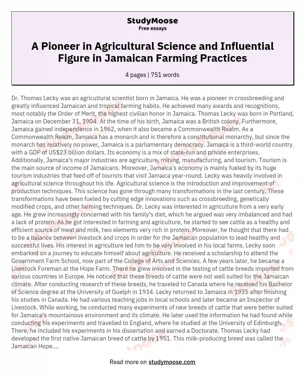 A Pioneer in Agricultural Science and Influential Figure in Jamaican Farming Practices essay