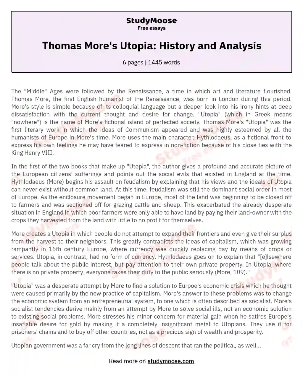 Thomas More's Utopia: History and Analysis essay
