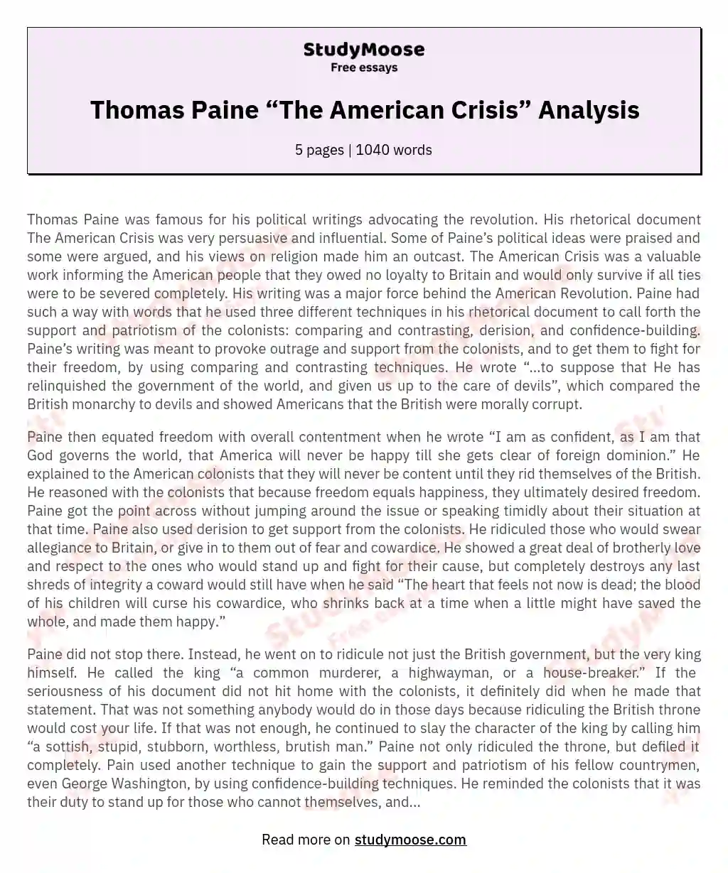 Thomas Paine “The American Crisis” Analysis essay