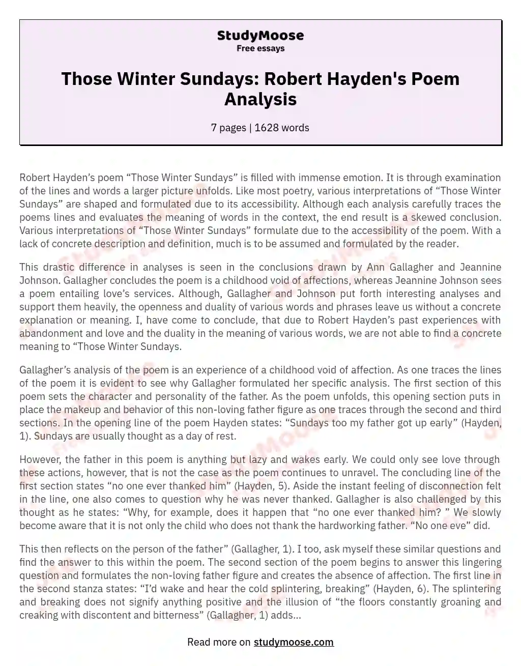 Those Winter Sundays: Robert Hayden's Poem Analysis essay