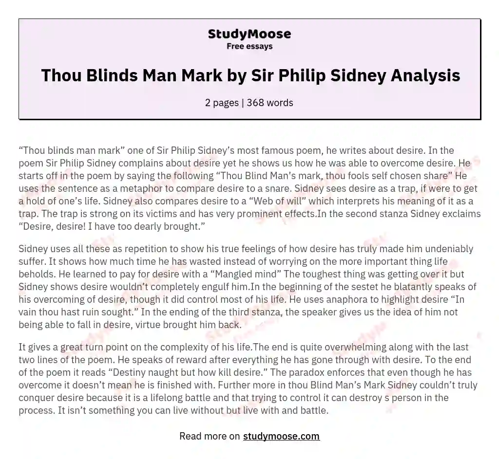 Thou Blinds Man Mark by Sir Philip Sidney Analysis essay
