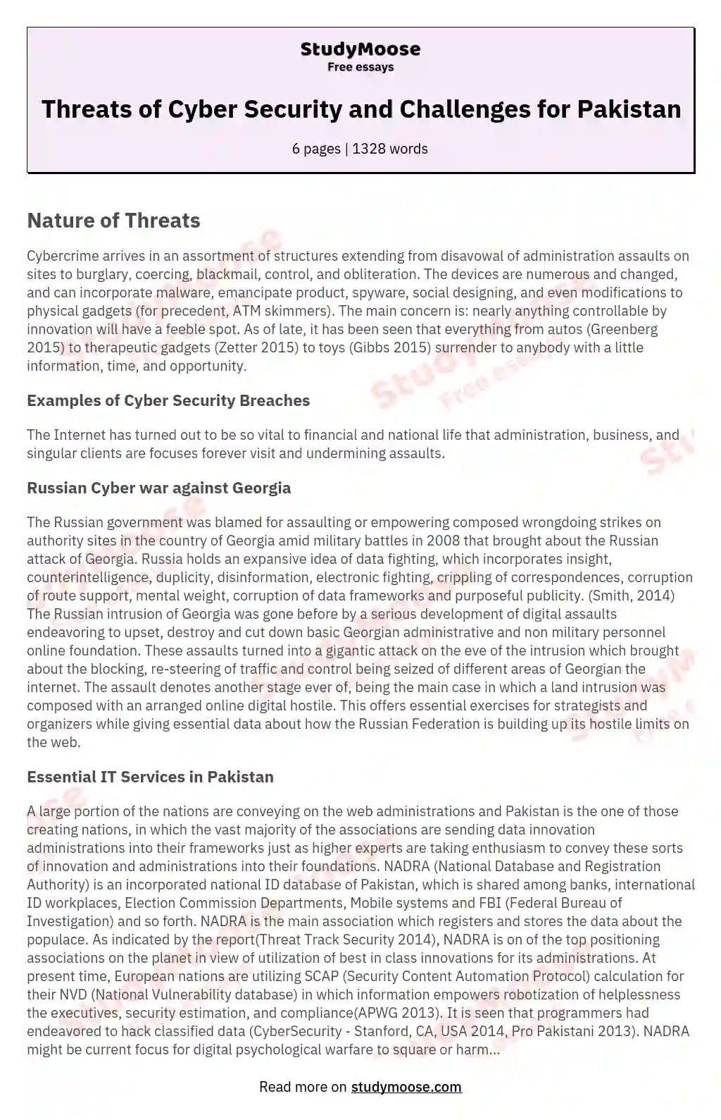 Threats of Cyber Security and Challenges for Pakistan