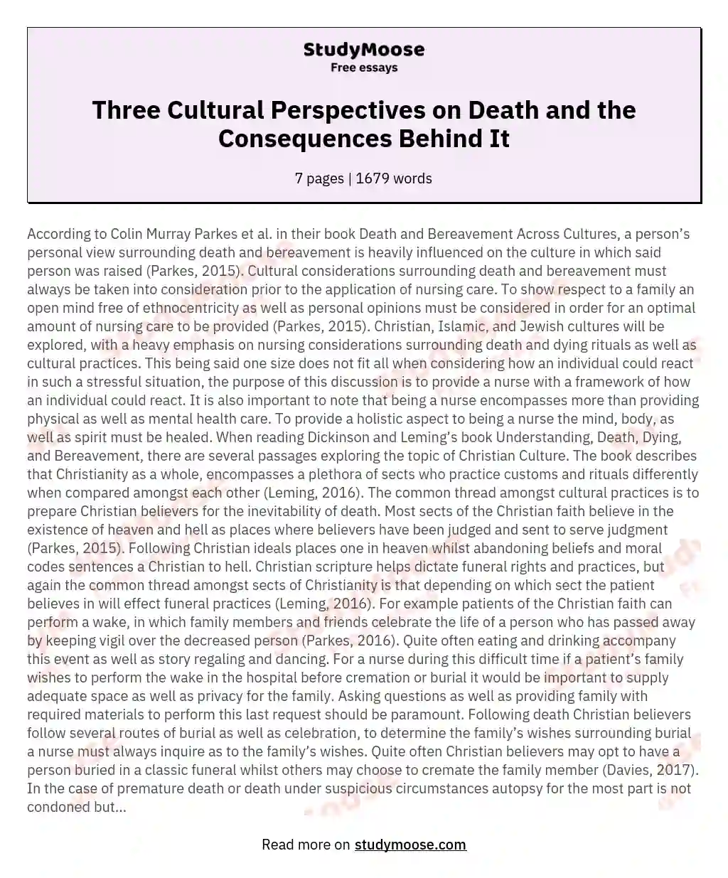 Three Cultural Perspectives on Death and the Consequences Behind It essay