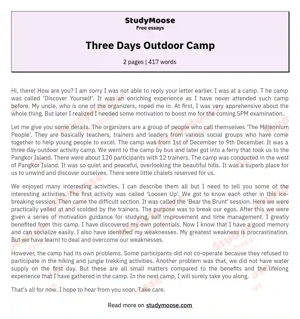 Three Days Outdoor Camp essay