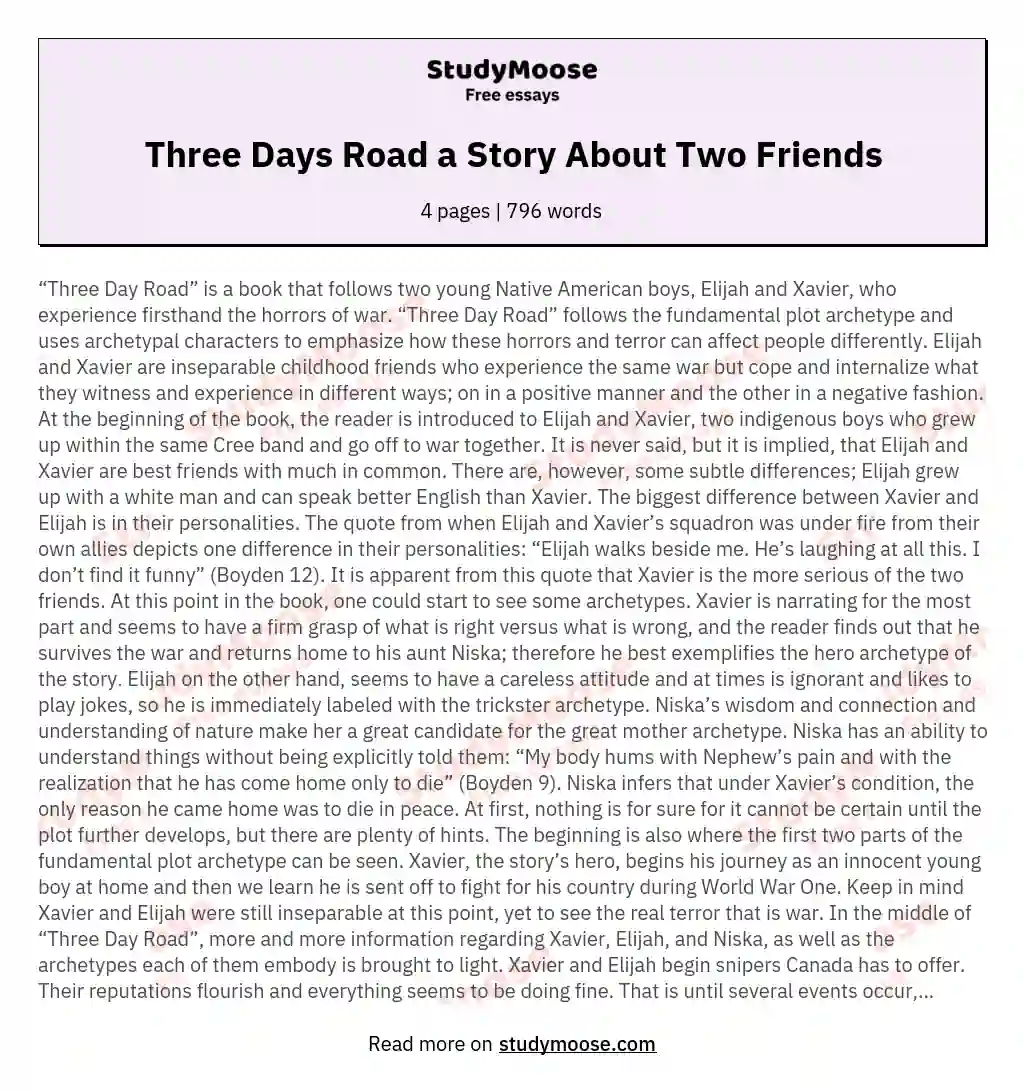 Three Days Road a Story About Two Friends essay