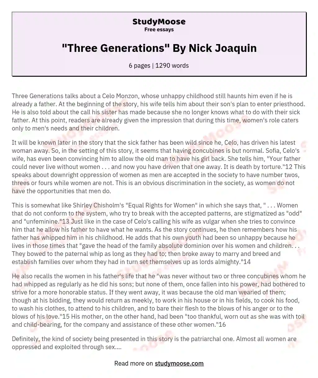 "Three Generations" By Nick Joaquin essay