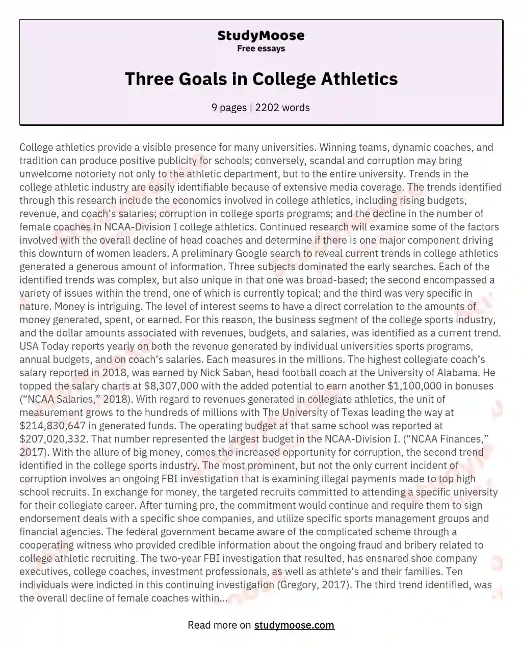 Three Goals in College Athletics essay