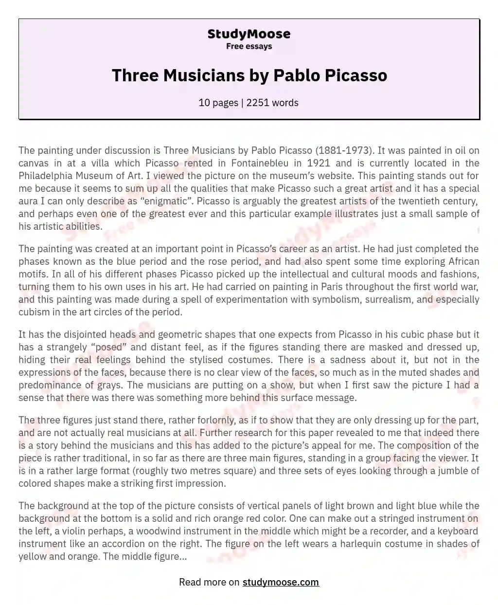 Three Musicians by Pablo Picasso essay