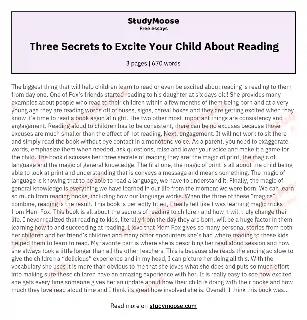 Three Secrets to Excite Your Child About Reading essay