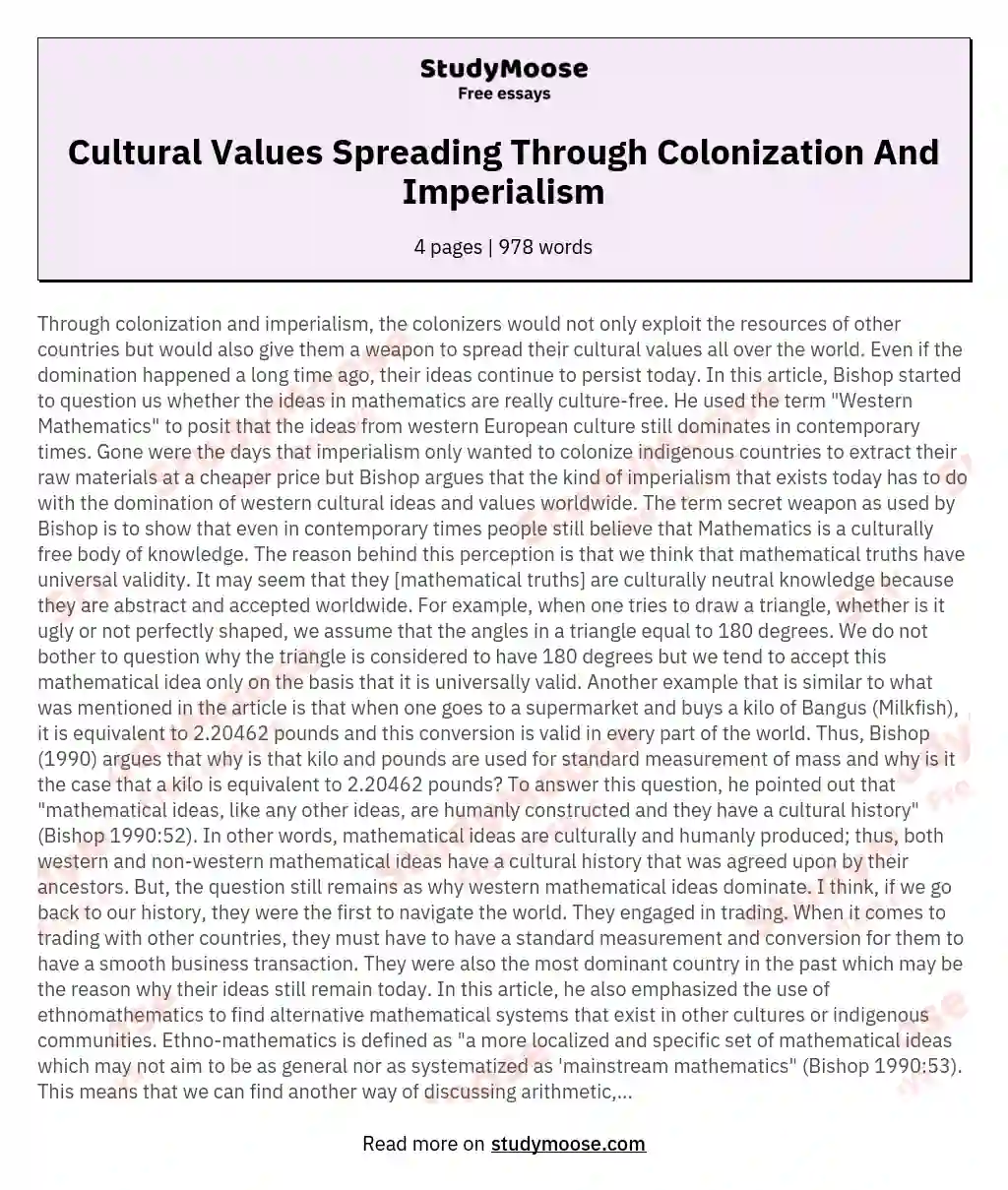 Cultural Values Spreading Through Colonization And Imperialism essay