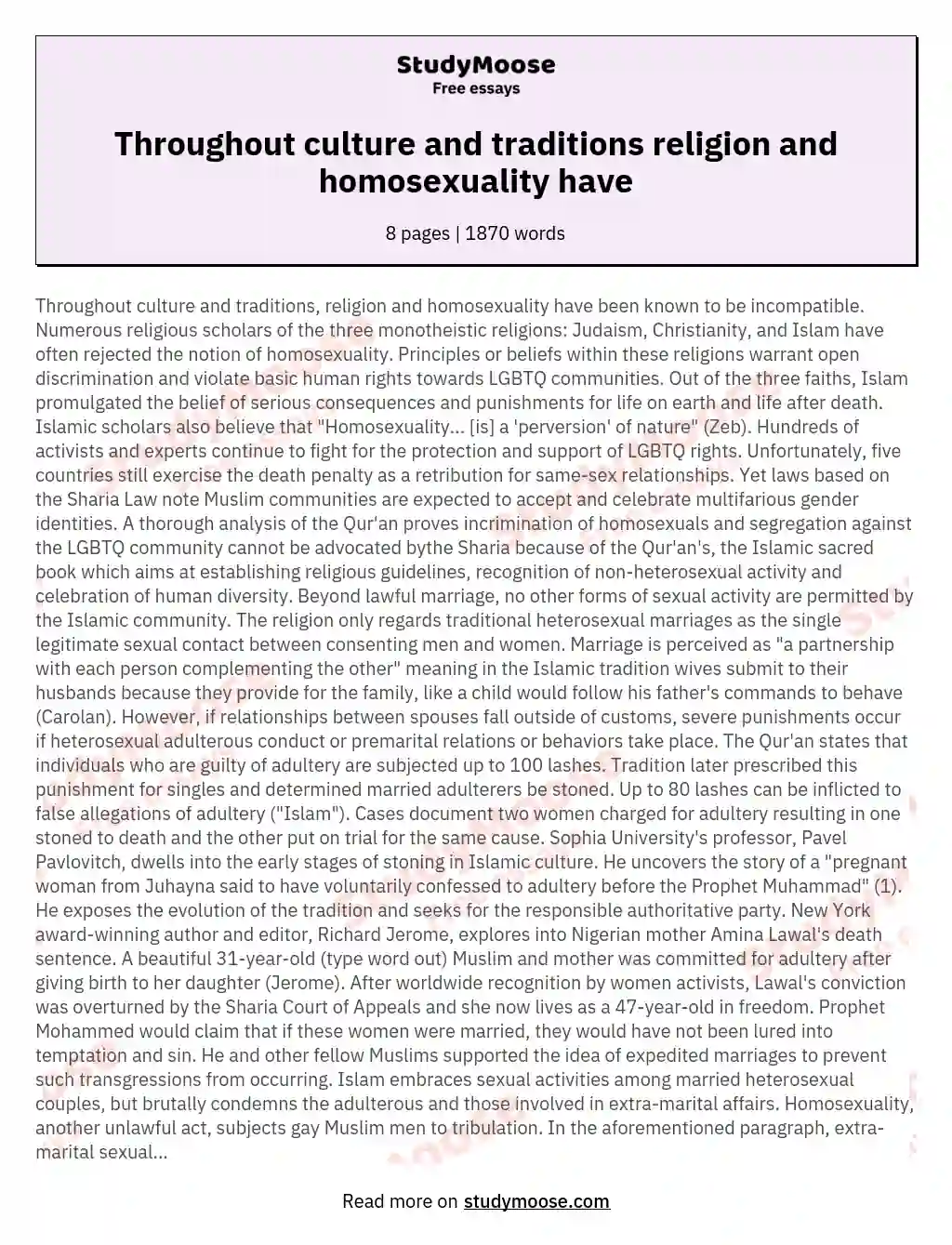 Throughout culture and traditions religion and homosexuality have essay