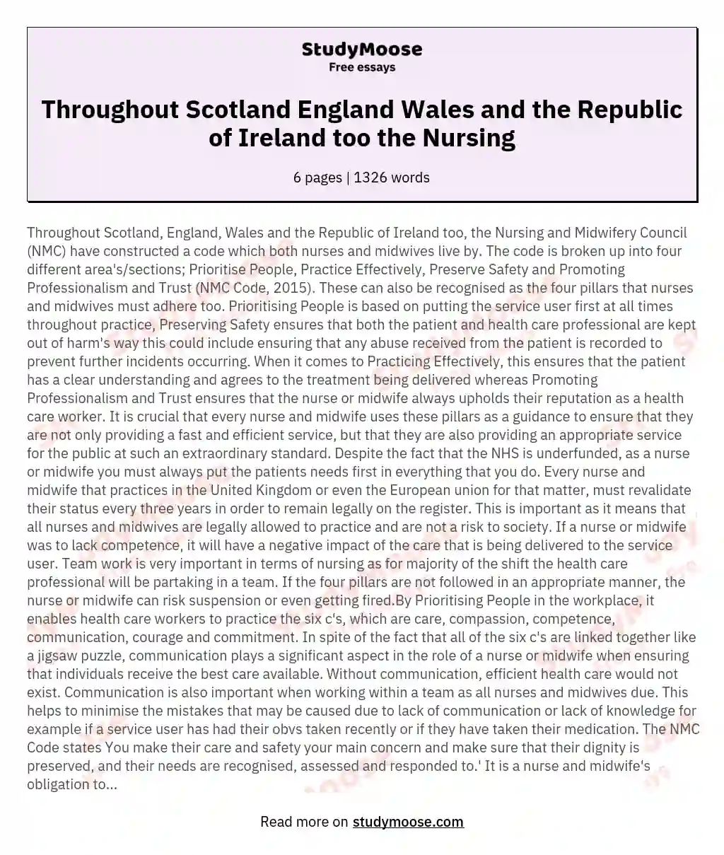 Throughout Scotland England Wales and the Republic of Ireland too the Nursing essay