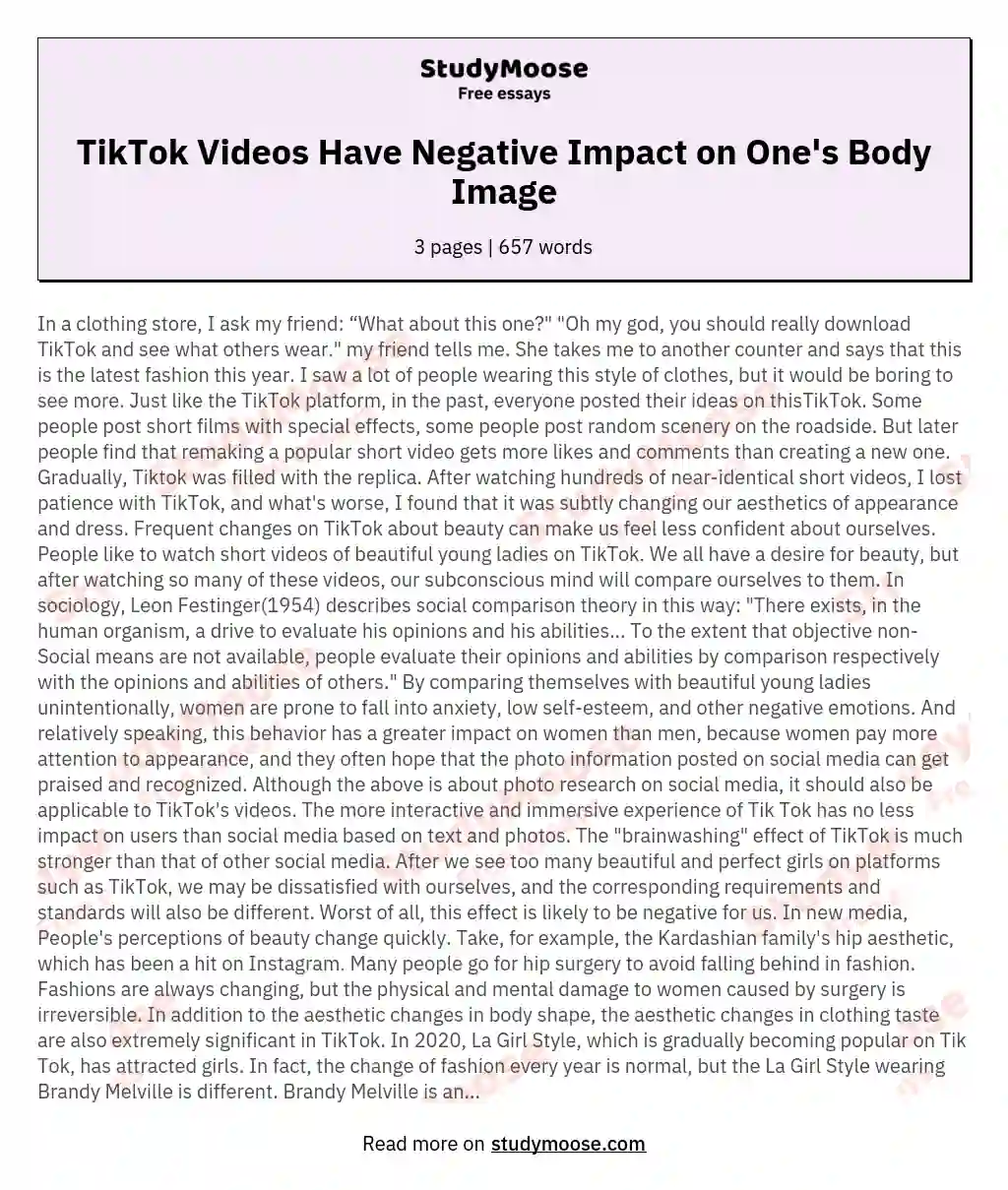 TikTok Videos Have Negative Impact on One's Body Image essay