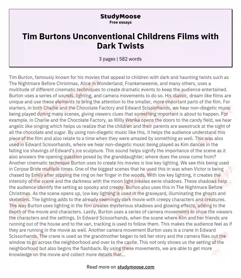 Tim Burtons Unconventional Childrens Films with Dark Twists essay