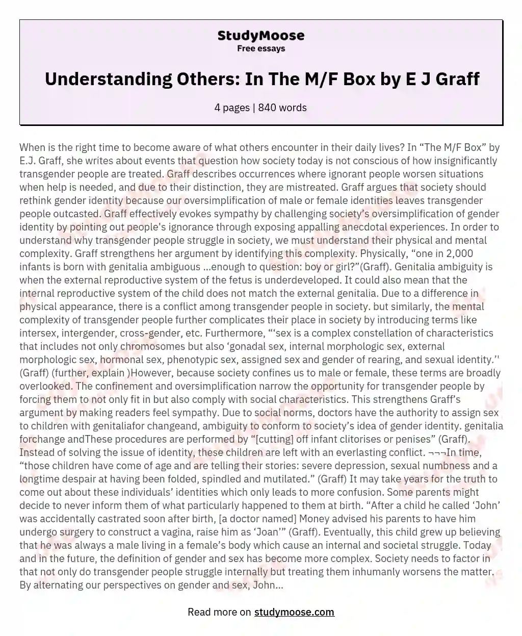 Understanding Others: In The M/F Box by E J Graff essay