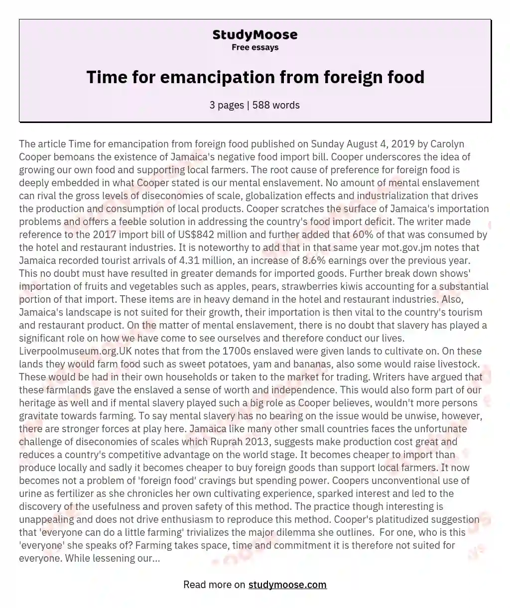 Time for emancipation from foreign food essay