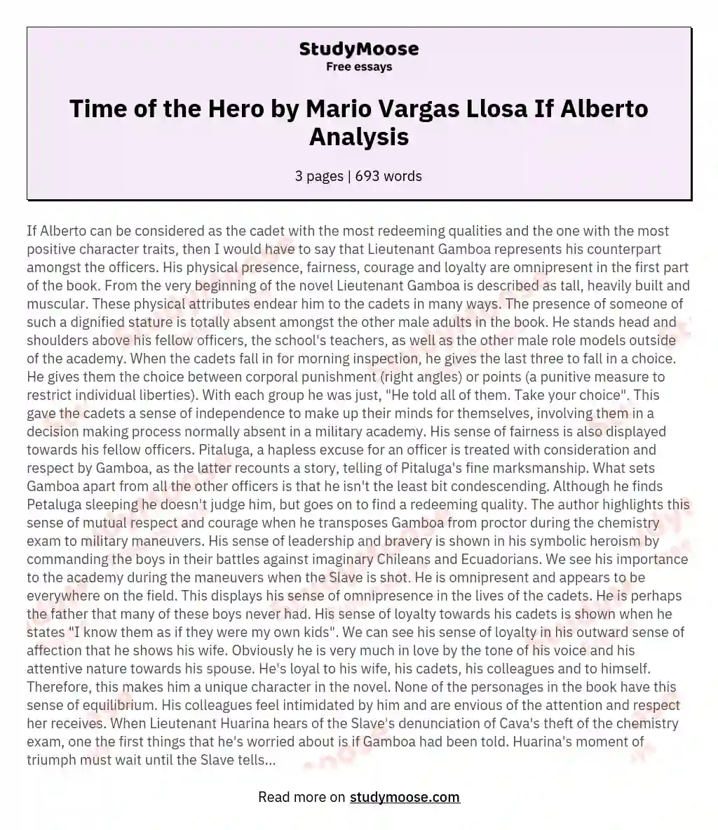 Time of the Hero by Mario Vargas Llosa If Alberto Analysis