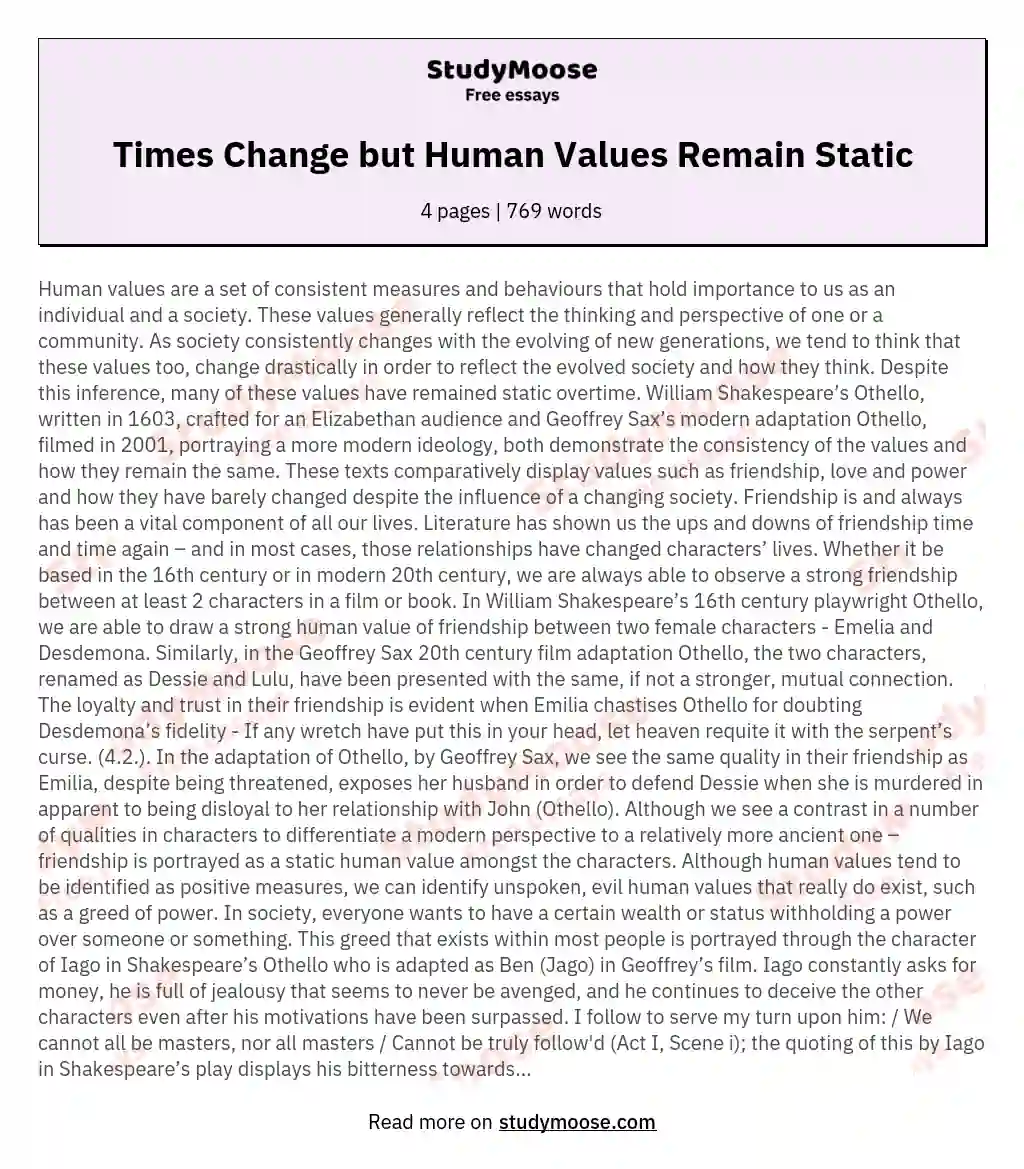 Times Change but Human Values Remain Static essay